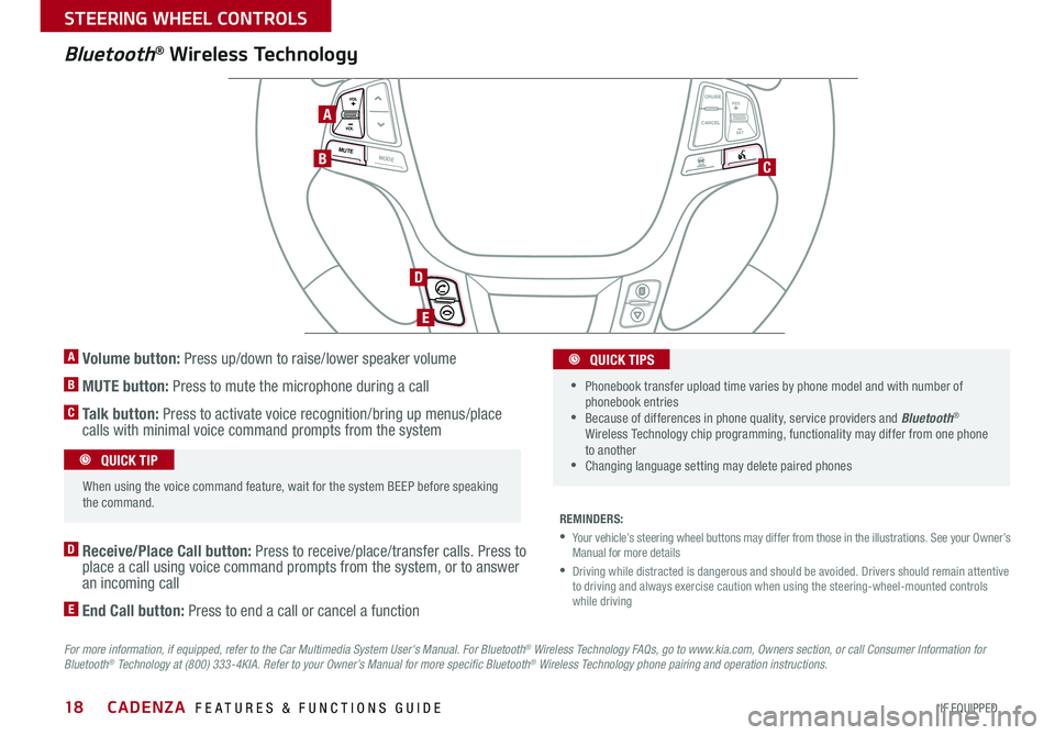 KIA CADENZA 2015 Features and Functions Guide 18
Bluetooth® Wireless Technology
For more information, if equipped, refer to the Car Multimedia System User's Manual. For Bluetooth® Wireless Technology FAQs, go to www.kia.com, Owners section, KIA CADENZA 2015 Features and Functions Guide 18
Bluetooth® Wireless Technology
For more information, if equipped, refer to the Car Multimedia System User's Manual. For Bluetooth® Wireless Technology FAQs, go to www.kia.com, Owners section,