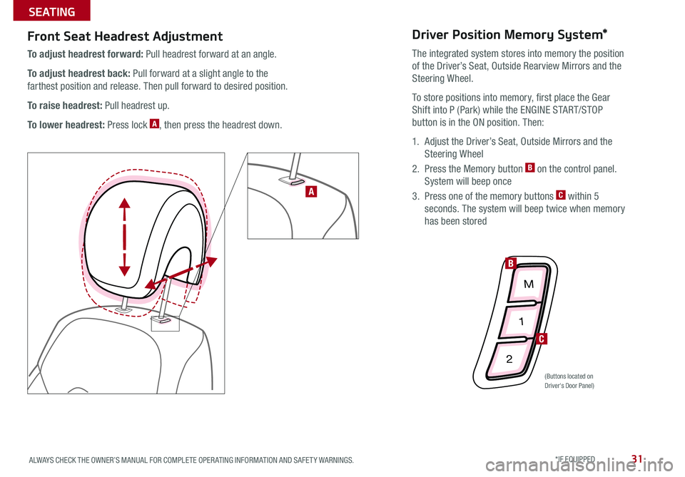 KIA CADENZA 2015 Features and Functions Guide 31
To raise headrest: Pull headrest up .
To lower headrest: Press lock A, then press the headrest down .
Front Seat Headrest Adjustment
To adjust headrest forward: Pull headrest forward at an angle KIA CADENZA 2015 Features and Functions Guide 31
To raise headrest: Pull headrest up .
To lower headrest: Press lock A, then press the headrest down .
Front Seat Headrest Adjustment
To adjust headrest forward: Pull headrest forward at an angle