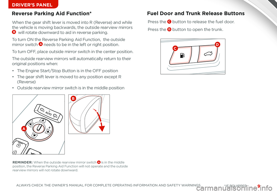 KIA CADENZA 2014  Features and Functions Guide 99
Pre\f\f the C button to relea\fe the fuel door .
Pre\f\f the D button to open the trunk .
Fuel Door and Trunk Release Buttons
CD
Reverse Parking Aid Function*
When the gear \fhift lever i\f moved i