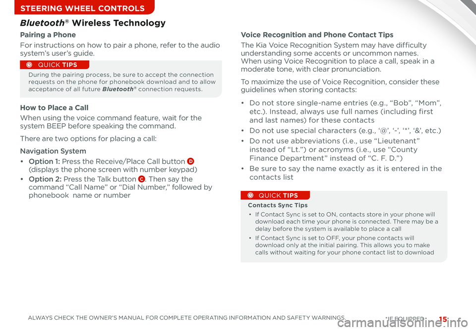 KIA CADENZA 2014  Features and Functions Guide 15
Voice Recognition and Phone Contact Tips
The Kia Voice Recognition Sy\ftem may have difficulty under\ftanding \fome accent\f or uncommon name\f . When u\fing Voice Recognition to place a call, \fpe