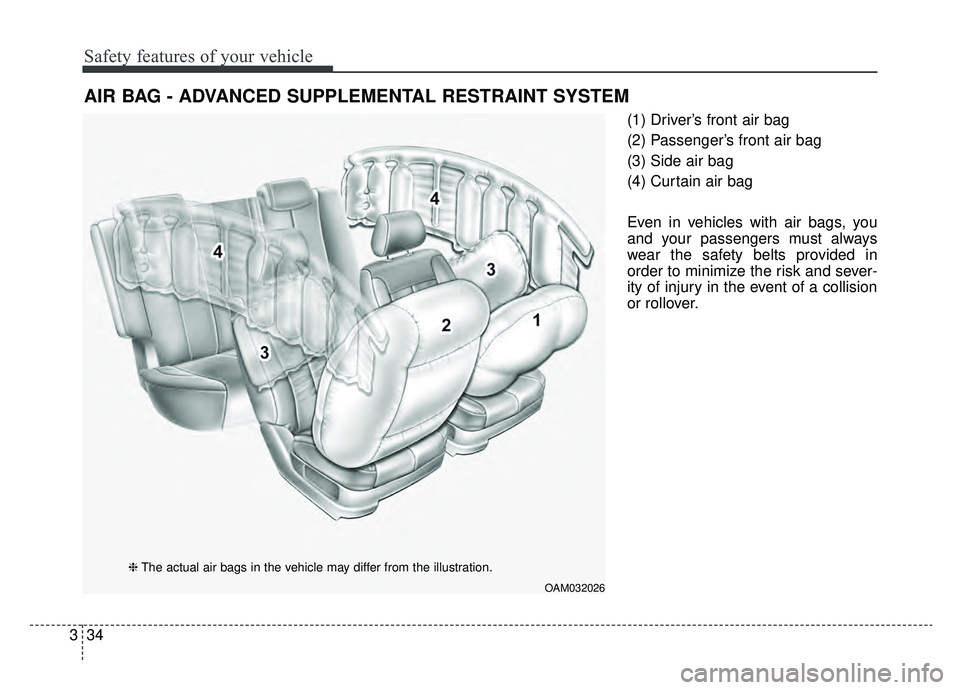 KIA SOUL EV 2019 Owners Manual Safety features of your vehicle
34
3
(1) Driver’s front air bag
(2) Passenger’s front air bag
(3) Side air bag
(4) Curtain air bag
Even in vehicles with air bags, you
and your passengers must alwa KIA SOUL EV 2019 Owners Manual Safety features of your vehicle
34
3
(1) Driver’s front air bag
(2) Passenger’s front air bag
(3) Side air bag
(4) Curtain air bag
Even in vehicles with air bags, you
and your passengers must alwa