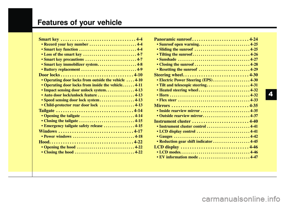 KIA SOUL EV 2019 Owners Manual Features of your vehicle
Smart key . . . . . . . . . . . . . . . . . . . . . . . . . . . . . . . . . 4-4
• Record your key number . . . . . . . . . . . . . . . . . . . . . . . 4-4
. . . . . . . . . KIA SOUL EV 2019 Owners Manual Features of your vehicle
Smart key . . . . . . . . . . . . . . . . . . . . . . . . . . . . . . . . . 4-4
• Record your key number . . . . . . . . . . . . . . . . . . . . . . . 4-4
. . . . . . . . .