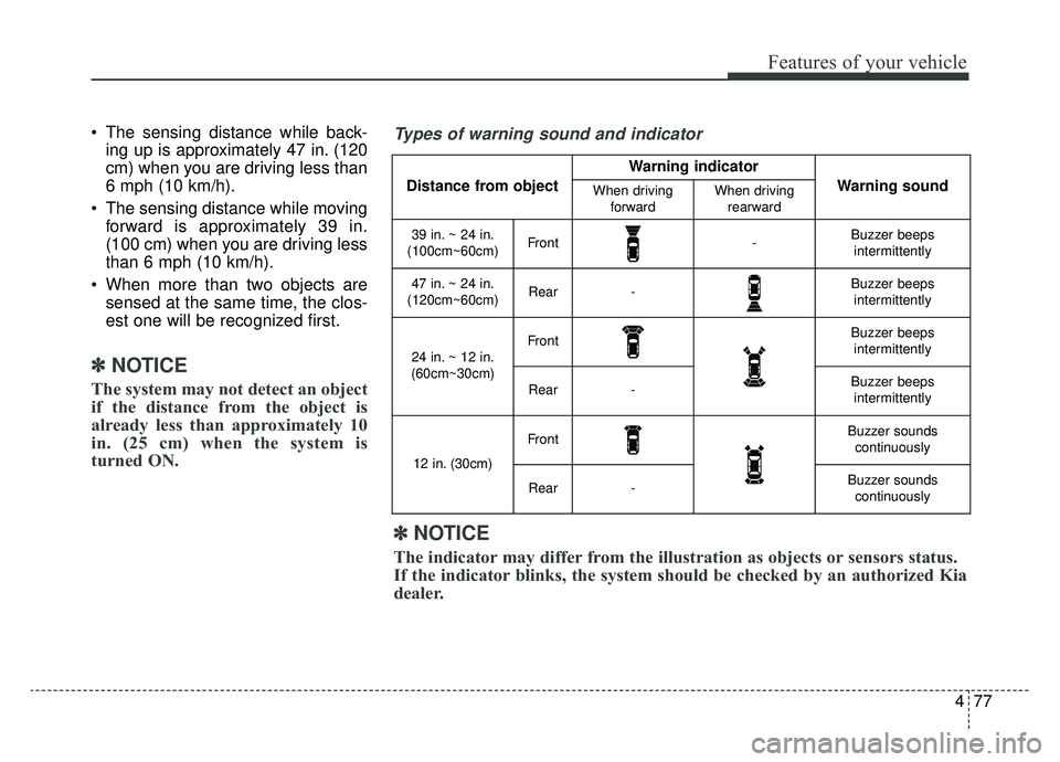 KIA SOUL EV 2019 Owners Manual 477
Features of your vehicle
The sensing distance while back-ing up is approximately 47 in. (120
cm) when you are driving less than
6 mph (10 km/h).
The sensing distance while moving forward is appr KIA SOUL EV 2019 Owners Manual 477
Features of your vehicle
The sensing distance while back-ing up is approximately 47 in. (120
cm) when you are driving less than
6 mph (10 km/h).
The sensing distance while moving forward is appr