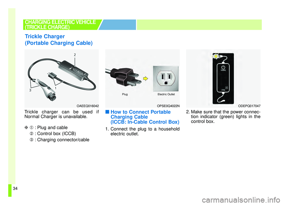KIA SOUL EV 2019 Service Manual 34
Trickle charger can be used if
Normal Charger is unavailable.
❈➀: Plug and cable
➁ : Control box (ICCB)
➂ : Charging connector/cable■ ■
How to Connect Portable
Charging Cable
(ICCB: In-