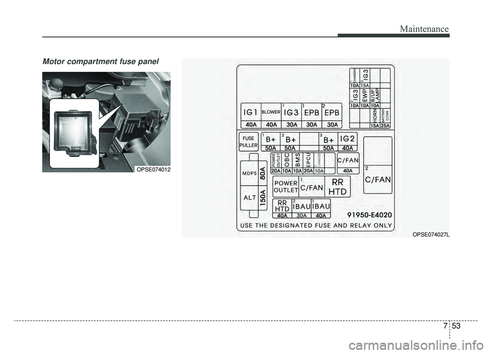 KIA SOUL EV 2019  Owners Manual 753
Maintenance
Motor compartment fuse panel
OPSE074012
OPSE074027L 