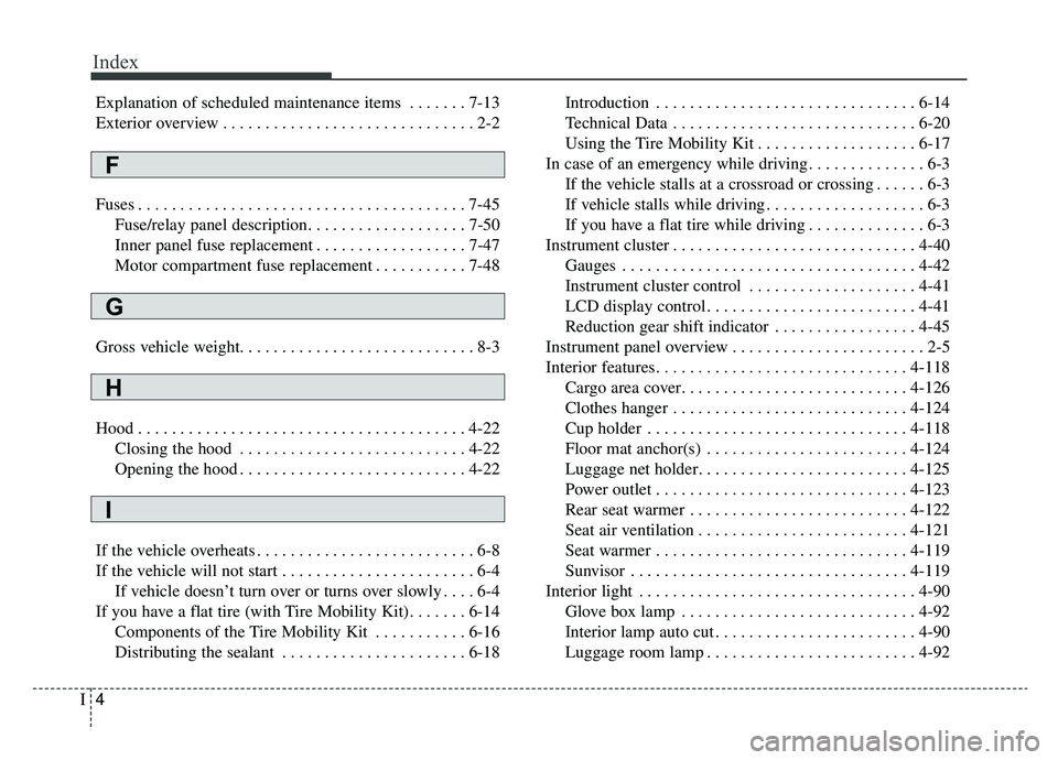 KIA SOUL EV 2019  Owners Manual Index
4I
Explanation of scheduled maintenance items . . . . . . . 7-13
Exterior overview . . . . . . . . . . . . . . . . . . . . . . . . . . . . . . 2-2
Fuses . . . . . . . . . . . . . . . . . . . . .