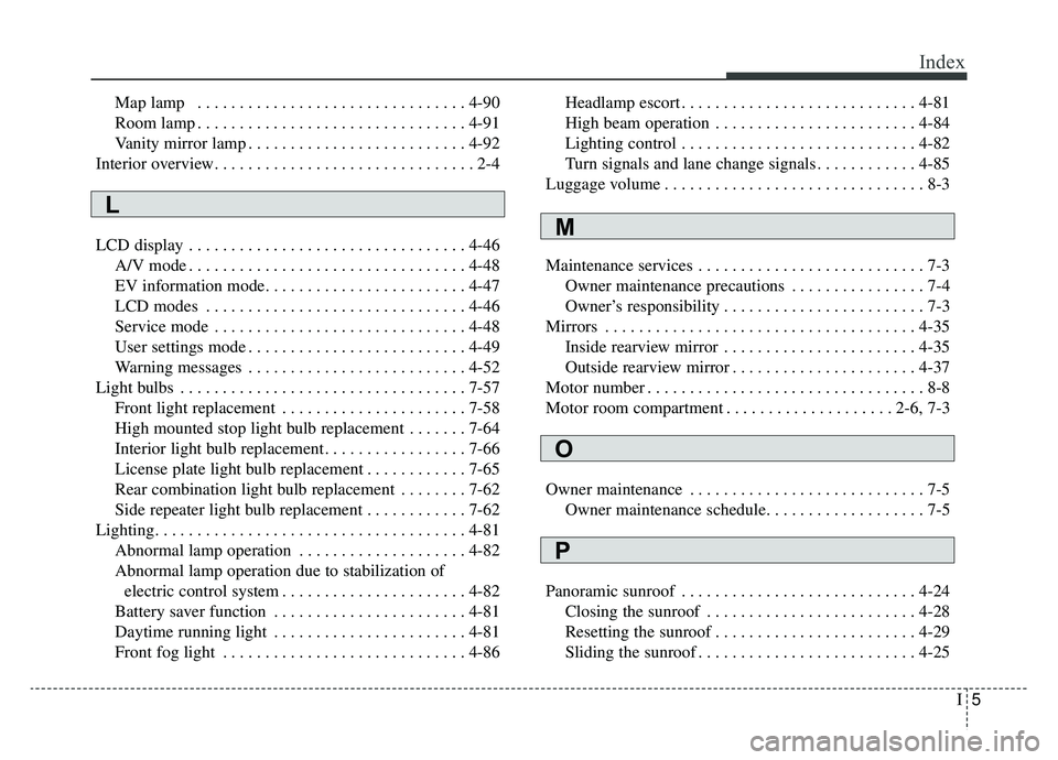 KIA SOUL EV 2019  Owners Manual I5
Index
Map lamp  . . . . . . . . . . . . . . . . . . . . . . . . . . . . . . . . 4-90
Room lamp . . . . . . . . . . . . . . . . . . . . . . . . . . . . . . . . 4-91
Vanity mirror lamp . . . . . . . 