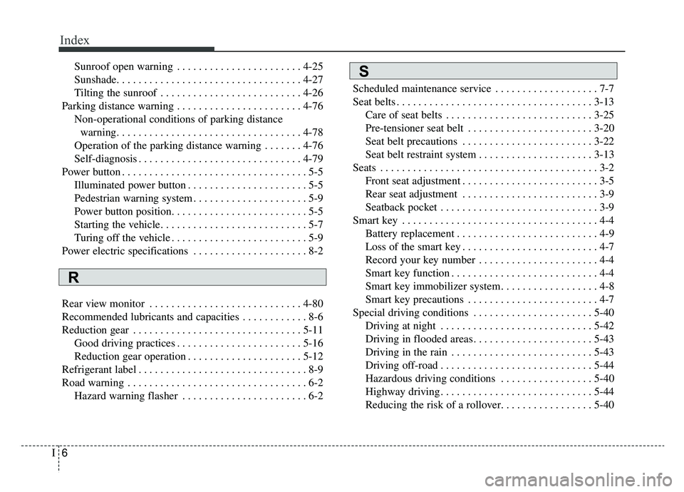 KIA SOUL EV 2019  Owners Manual Index
6I
Sunroof open warning . . . . . . . . . . . . . . . . . . . . . . . 4-25
Sunshade. . . . . . . . . . . . . . . . . . . . . . . . . . . . . . . . . . 4-27\
Tilting the sunroof . . . . . . . . 
