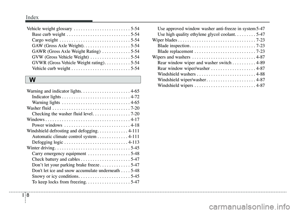 KIA SOUL EV 2019  Owners Manual Index
8I
Vehicle weight glossary . . . . . . . . . . . . . . . . . . . . . . . . 5-54Base curb weight  . . . . . . . . . . . . . . . . . . . . . . . . . . . 5-54
Cargo weight . . . . . . . . . . . . .