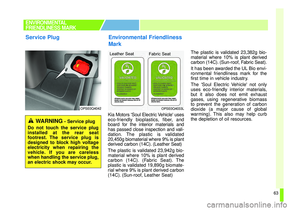 KIA SOUL EV 2019 Repair Manual 63
Kia Motors Soul Electric Vehicle uses
eco-friendly bioplastics, fiber, and
board for the interior materials and
has passed close inspection and vali-
dation. The plastic is validated
20,450g biom
