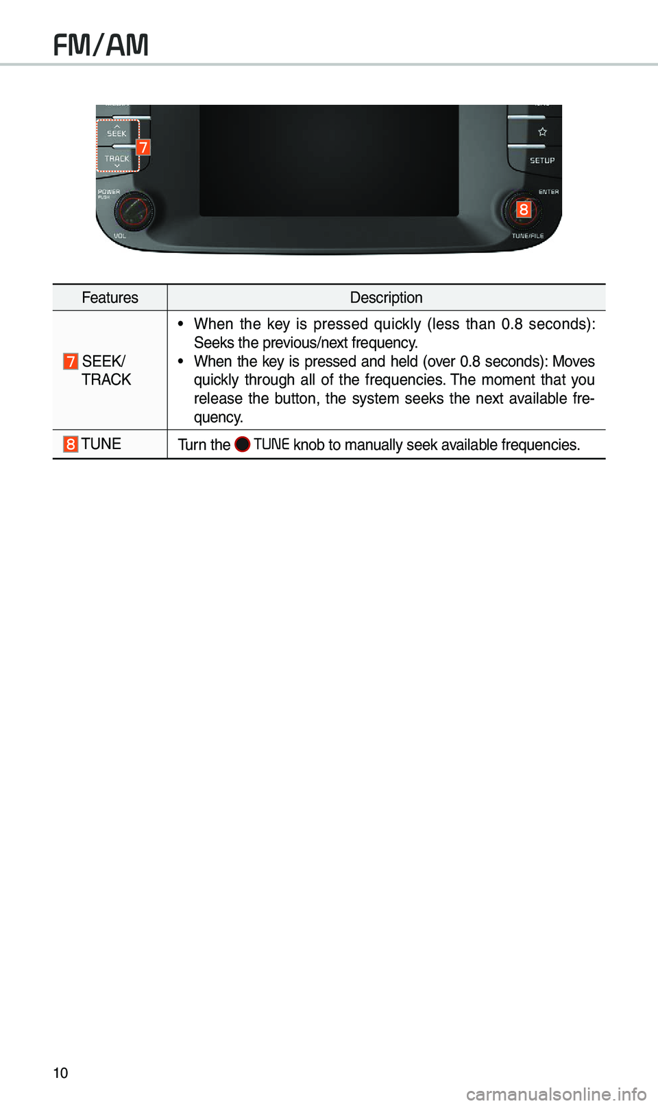 KIA SOUL EV 2019 Navigation System Quick Reference Guide 10
FeaturesDescription
SEEK/
\fRACK
• When the key is pressed quickly (less than 0.8 seconds):
Seeks the previous/next frequency.
• When the key is pressed and held (over 0.8 s KIA SOUL EV 2019 Navigation System Quick Reference Guide 10
FeaturesDescription
SEEK/
\fRACK
• When the key is pressed quickly (less than 0.8 seconds):
Seeks the previous/next frequency.
• When the key is pressed and held (over 0.8 s