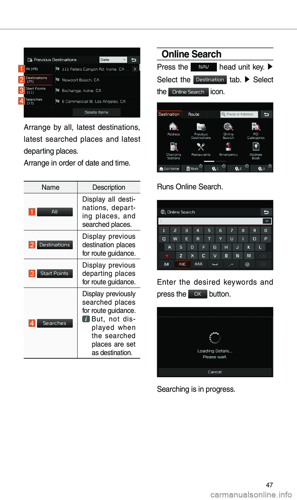 KIA SOUL EV 2019 Navigation System Quick Reference Guide 47
Arrange by all, latest destinations,
latest searched places and latest
departing places.
Arrange in order of da\ete and ti\be.
Na\beDescription
Display all desti-
nations, depart -
i KIA SOUL EV 2019 Navigation System Quick Reference Guide 47
Arrange by all, latest destinations,
latest searched places and latest
departing places.
Arrange in order of da\ete and ti\be.
Na\beDescription
Display all desti-
nations, depart -
i