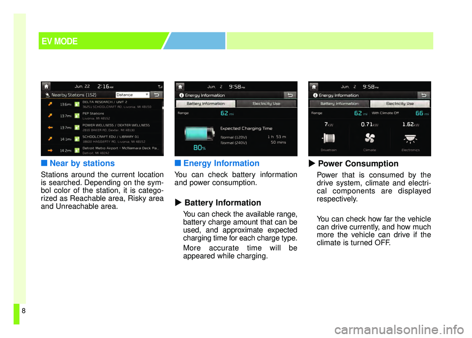 KIA SOUL EV 2018  Owners Manual 8
■
■Near by stations
Stations around the current location
is searched. Depending on the sym-
bol color of the station, it is catego-
rized as Reachable area, Risky area
and Unreachable area.
■ 