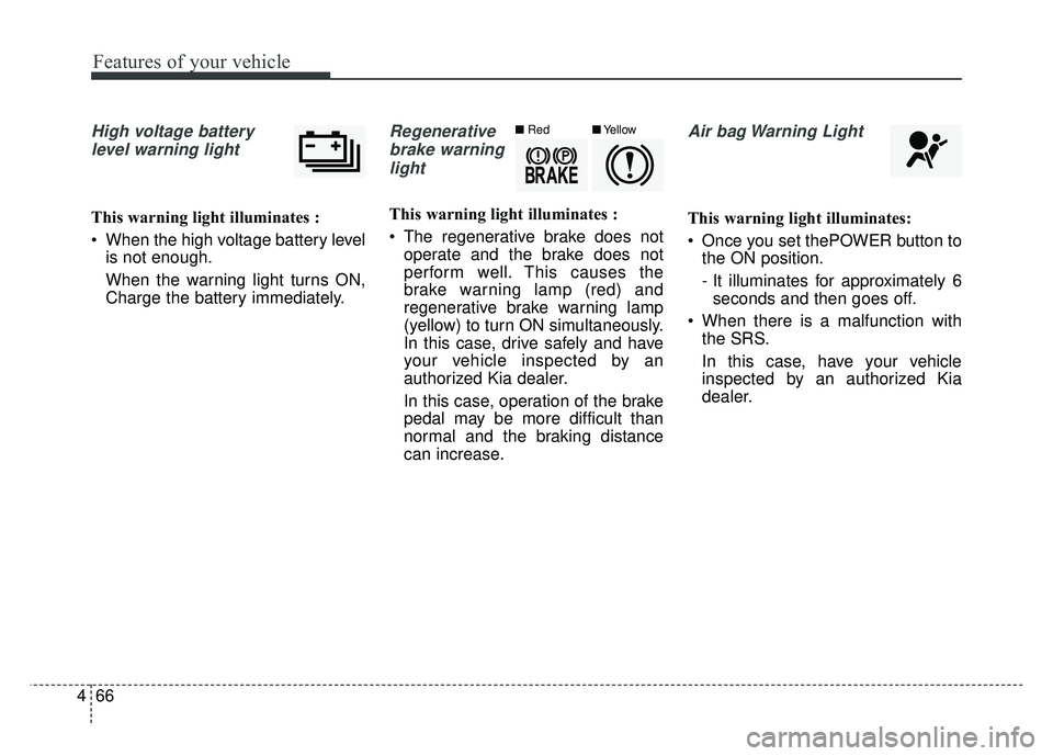 KIA SOUL EV 2018 Owners Manual Features of your vehicle
66
4
High voltage battery
level warning light
This warning light illuminates :
When the high voltage battery level is not enough.
When the warning light turns ON,
Charge the KIA SOUL EV 2018 Owners Manual Features of your vehicle
66
4
High voltage battery
level warning light
This warning light illuminates :
When the high voltage battery level is not enough.
When the warning light turns ON,
Charge the