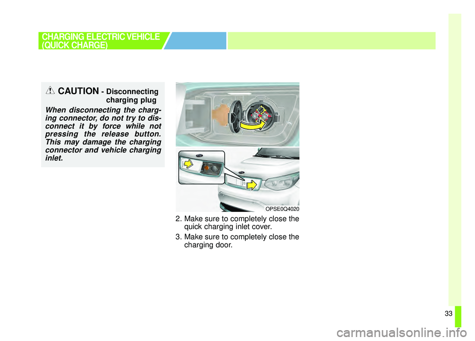 KIA SOUL EV 2018 Owners Guide 33
2. Make sure to completely close thequick charging inlet cover.
3. Make sure to completely close the charging door.
CHARGING ELECTRIC VEHICLE
(QUICK CHARGE)
OPSE0Q4020
CAUTION- Disconnecting
chargi