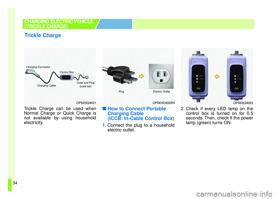 KIA SOUL EV 2018 Owners Guide 34
Trickle Charge can be used when
Normal Charge or Quick Charge is
not available by using household
electricity.■ ■How to Connect Portable
Charging Cable
(ICCB: In-Cable Control Box)
1. Connect t
