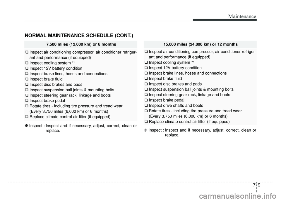 KIA SOUL EV 2018 Owners Manual 79
Maintenance
NORMAL MAINTENANCE SCHEDULE (CONT.)
❈Inspect : Inspect and if necessary, adjust, correct, clean or
replace. ❈
Inspect : Inspect and if necessary, adjust, correct, clean or
replace.
KIA SOUL EV 2018 Owners Manual 79
Maintenance
NORMAL MAINTENANCE SCHEDULE (CONT.)
❈Inspect : Inspect and if necessary, adjust, correct, clean or
replace. ❈
Inspect : Inspect and if necessary, adjust, correct, clean or
replace.