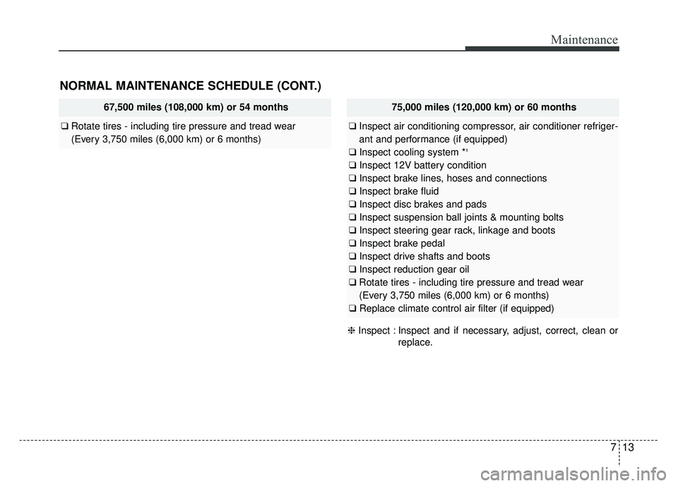 KIA SOUL EV 2018  Owners Manual 713
Maintenance
NORMAL MAINTENANCE SCHEDULE (CONT.)
67,500 miles (108,000 km) or 54 months
❑Rotate tires - including tire pressure and tread wear
(Every 3,750 miles (6,000 km) or 6 months)
75,000 mi