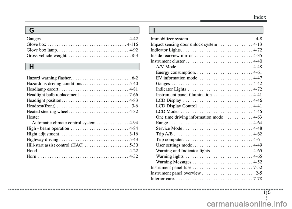 KIA SOUL EV 2018 Owners Manual I5
Index
Gauges . . . . . . . . . . . . . . . . . . . . . . . . . . . . . . . . . . . . \
. 4-42
Glove box . . . . . . . . . . . . . . . . . . . . . . . . . . . . . . . . . . 4-11\
6
Glove box lamp. . KIA SOUL EV 2018 Owners Manual I5
Index
Gauges . . . . . . . . . . . . . . . . . . . . . . . . . . . . . . . . . . . . \
. 4-42
Glove box . . . . . . . . . . . . . . . . . . . . . . . . . . . . . . . . . . 4-11\
6
Glove box lamp. .
