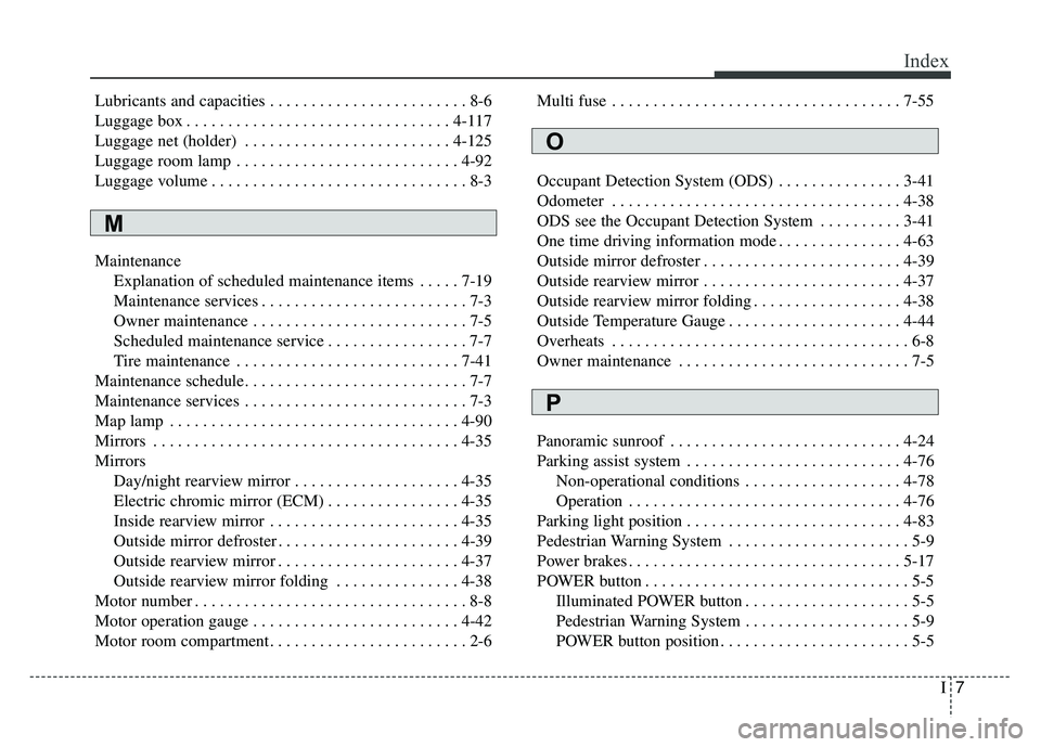 KIA SOUL EV 2018  Owners Manual I7
Index
Lubricants and capacities . . . . . . . . . . . . . . . . . . . . . . . . 8-6
Luggage box . . . . . . . . . . . . . . . . . . . . . . . . . . . . . . . . 4-117
Luggage net (holder) . . . . . 