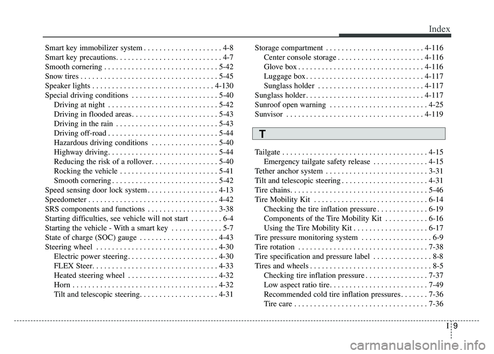 KIA SOUL EV 2018  Owners Manual I9
Index
Smart key immobilizer system . . . . . . . . . . . . . . . . . . . . 4-8
Smart key precautions. . . . . . . . . . . . . . . . . . . . . . . . . . . 4-7
Smooth cornering . . . . . . . . . . . 