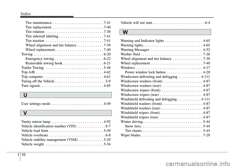 KIA SOUL EV 2018  Owners Manual Index
10I
Tire maintenance . . . . . . . . . . . . . . . . . . . . . . . . . . . 7-41
Tire replacement . . . . . . . . . . . . . . . . . . . . . . . . . . . . 7-40
Tire rotation . . . . . . . . . . . 