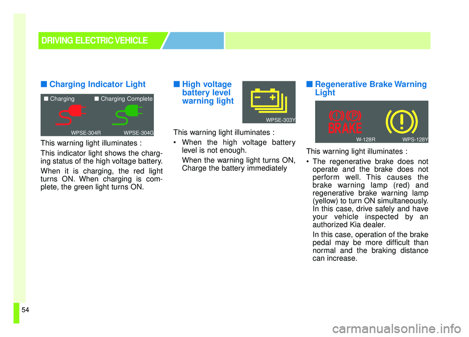 KIA SOUL EV 2018 Workshop Manual 54
■
■Charging Indicator Light
This warning light illuminates :
This indicator light shows the charg-
ing status of the high voltage battery.
When it is charging, the red light
turns ON. When char KIA SOUL EV 2018 Workshop Manual 54
■
■Charging Indicator Light
This warning light illuminates :
This indicator light shows the charg-
ing status of the high voltage battery.
When it is charging, the red light
turns ON. When char
