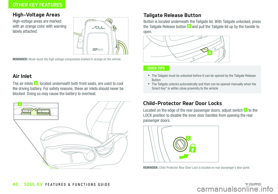 KIA SOUL EV 2018  Features and Functions Guide 40*IF EQUIPPED SOUL EV  FEATURES & FUNCTIONS GUIDE
OTHER KEY FEATURES
A
B
C
High-Voltage Areas
High-voltage areas are marked 
with an orange color with warning 
labels attached 
REMINDER: Never touch 
