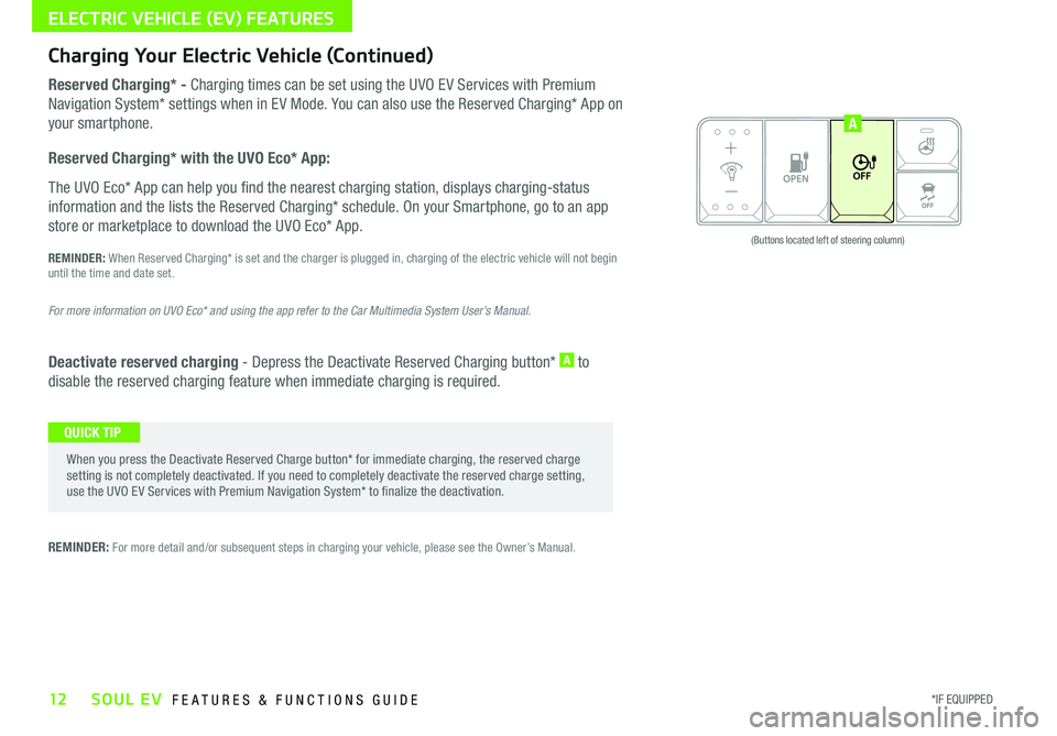 KIA SOUL EV 2017 Features and Functions Guide 12*IF EQUIPPED SOUL EV FEATURES & FUNCTIONS GUIDE
ELECTRIC VEHICLE (EV) FEATURES
OFFMUSIC
MOODA
(Buttons located left of steering column)
Charging Your Electric Vehicle (Continued)
Reserved Charging KIA SOUL EV 2017 Features and Functions Guide 12*IF EQUIPPED SOUL EV FEATURES & FUNCTIONS GUIDE
ELECTRIC VEHICLE (EV) FEATURES
OFFMUSIC
MOODA
(Buttons located left of steering column)
Charging Your Electric Vehicle (Continued)
Reserved Charging