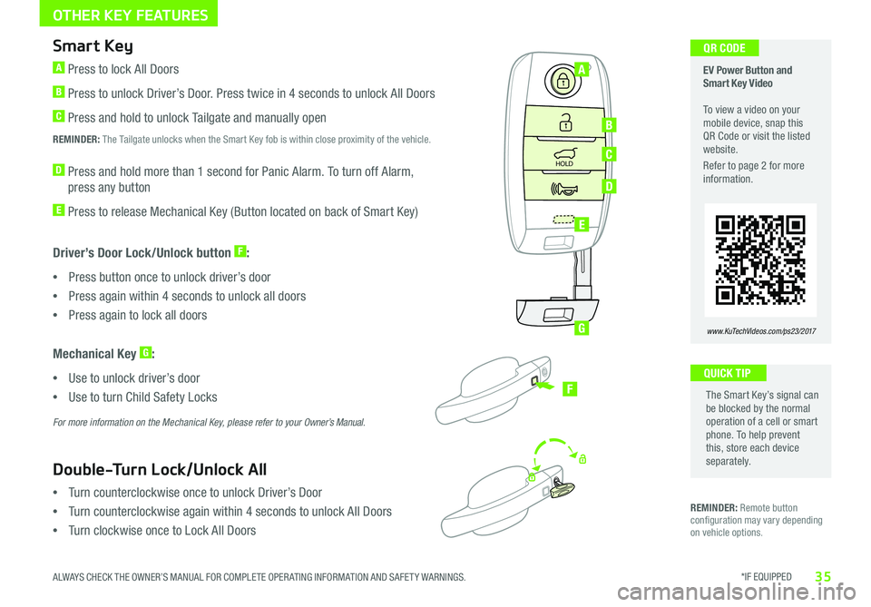 KIA SOUL EV 2017 Features and Functions Guide *IF EQUIPPED 35ALWAYS CHECK THE OWNER’S MANUAL FOR COMPLETE OPER ATING INFORMATION AND SAFET Y WARNINGS
OTHER KEY FEATURES
REMINDER: Remote button configuration may vary depending on vehicle optio KIA SOUL EV 2017 Features and Functions Guide *IF EQUIPPED 35ALWAYS CHECK THE OWNER’S MANUAL FOR COMPLETE OPER ATING INFORMATION AND SAFET Y WARNINGS
OTHER KEY FEATURES
REMINDER: Remote button configuration may vary depending on vehicle optio