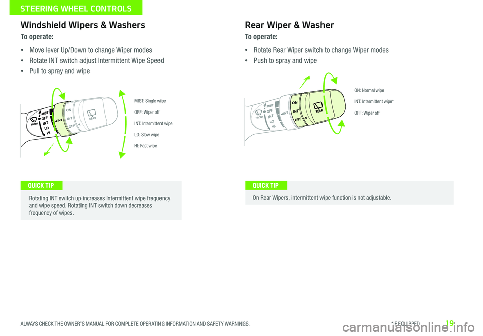 KIA SOUL EV 2016  Features and Functions Guide 19
On Rear Wipers, intermittent wipe function is not adjustable 
To o p e r a t e :
 •Move lever Up/Down to change Wiper modes
 •Rotate INT switch adjust Intermittent Wipe Speed
 •Pull to spray 