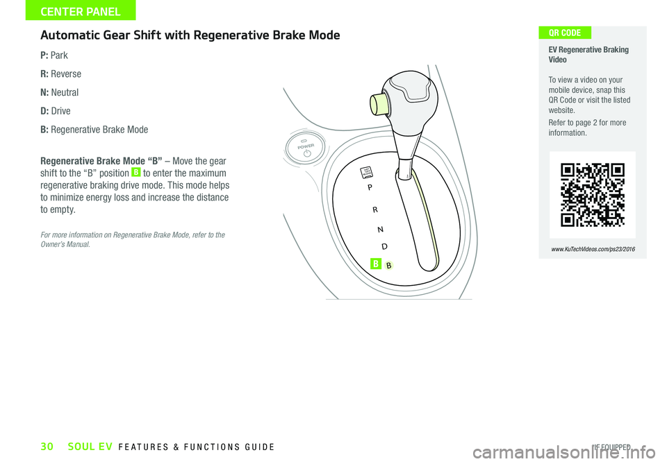 KIA SOUL EV 2016 Features and Functions Guide 30
Automatic Gear Shift with Regenerative Brake Mode
P: Park
R: Reverse
N: Neutral
D: Drive
B: Regenerative Brake Mode
P
R
N
D
B
SHIFTLOCK
RELEASE
POWER
Regenerative Brake Mode “B” – Move the KIA SOUL EV 2016 Features and Functions Guide 30
Automatic Gear Shift with Regenerative Brake Mode
P: Park
R: Reverse
N: Neutral
D: Drive
B: Regenerative Brake Mode
P
R
N
D
B
SHIFTLOCK
RELEASE
POWER
Regenerative Brake Mode “B” – Move the