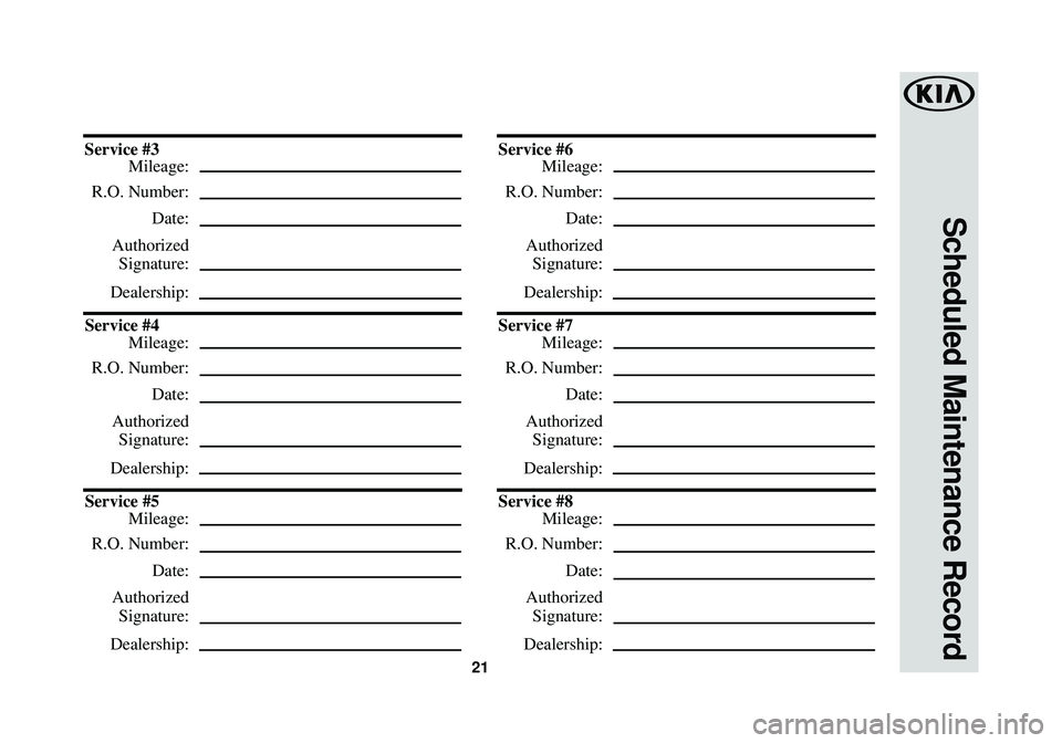 KIA SOUL EV 2016  Warranty and Consumer Information Guide 21
Scheduled Maintenance Record
Service #3Mileage:
R.O. Number:
Date:
Authorized Signature:
Dealership:
Service #4 Mileage:
R.O. Number:
Date:
Authorized Signature:
Dealership:
Service #5 Mileage:
R.O