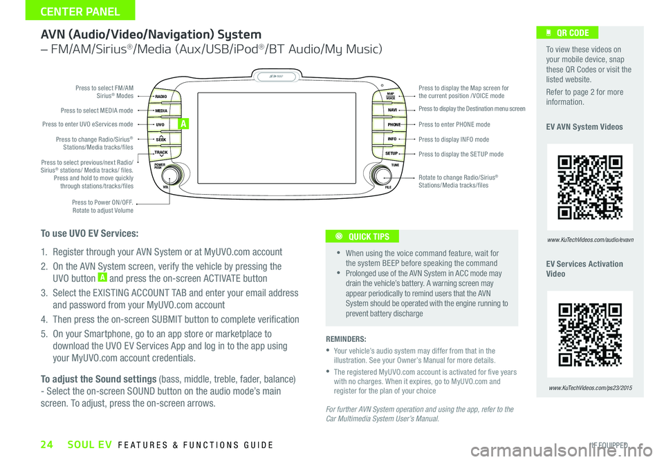 KIA SOUL EV 2015 Features and Functions Guide SOUL EV FEATURES & FUNCTIONS GUIDE24*IF EQUIPPED
CENTER PANEL
AVN \fAudio/Video/Navigation) System
– FM/AM/Si\fius®/M\bdia (Aux/USB/iPod®/BT Audio/My Music)
For further AVN System operation a KIA SOUL EV 2015 Features and Functions Guide SOUL EV FEATURES & FUNCTIONS GUIDE24*IF EQUIPPED
CENTER PANEL
AVN \fAudio/Video/Navigation) System
– FM/AM/Si\fius®/M\bdia (Aux/USB/iPod®/BT Audio/My Music)
For further AVN System operation a