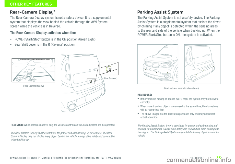 KIA SOUL EV 2015 Features and Functions Guide 35ALWAYS CHECK THE OWNER’S MANUAL FOR COMPLETE OPER ATING INFORMATION AND SAFET Y WARNINGS. *IF EQUIPPED
OTHER KEY FEATURES
Rear-Camera Display*Parking Assist System
Warning! Check your surroun d KIA SOUL EV 2015 Features and Functions Guide 35ALWAYS CHECK THE OWNER’S MANUAL FOR COMPLETE OPER ATING INFORMATION AND SAFET Y WARNINGS. *IF EQUIPPED
OTHER KEY FEATURES
Rear-Camera Display*Parking Assist System
Warning! Check your surroun d