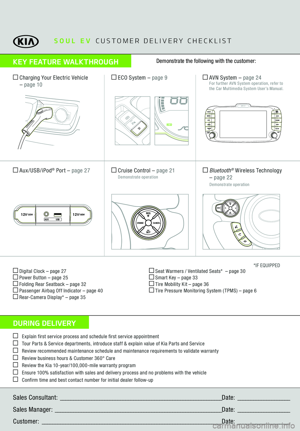 KIA SOUL EV 2015  Features and Functions Guide  Digital Clock – page 27 Power Button – page 25 Folding Rear Seatback – page 32 Passenger Airbag Off Indicator – page 40 Rear-Camera Display* – page 35
 Seat Warmers / Ventilated Seats*  –