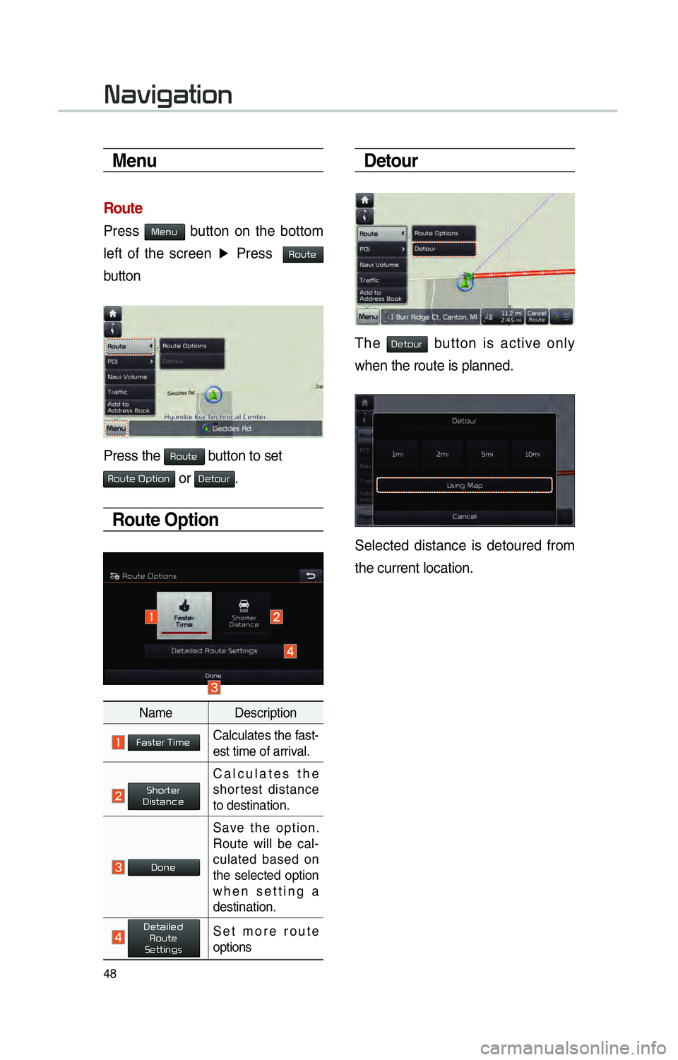 KIA SOUL EV 2015 Navigation System Quick Reference Guide 48
Menu
Route
Press 0030004800510058 button on the bottom
left of the screen ▶
Press
00350052005800570048
button
Press the 00350052005800570048 button to set
003500520058005700480003003200530 KIA SOUL EV 2015 Navigation System Quick Reference Guide 48
Menu
Route
Press 0030004800510058 button on the bottom
left of the screen ▶
Press
00350052005800570048
button
Press the 00350052005800570048 button to set
003500520058005700480003003200530
