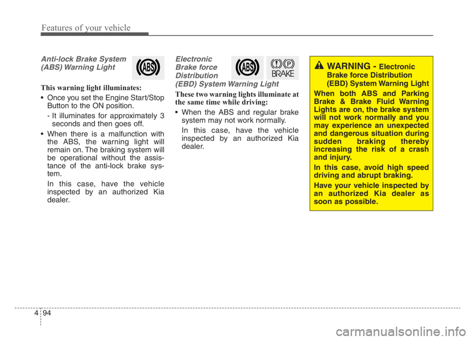 KIA STINGER 2021  Owners Manual Features of your vehicle
94 4
Anti-lock Brake System
(ABS) Warning  Light
This warning light illuminates:
 Once you set the Engine Start/Stop
Button to the ON position.
- It illuminates for approximat