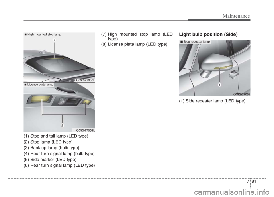 KIA STINGER 2021 Owners Manual 781
Maintenance
(1) Stop and tail lamp (LED type)
(2) Stop lamp (LED type)
(3) Back-up lamp (bulb type)
(4) Rear turn signal lamp (bulb type)
(5) Side marker (LED type)
(6) Rear turn signal lamp (LED KIA STINGER 2021 Owners Manual 781
Maintenance
(1) Stop and tail lamp (LED type)
(2) Stop lamp (LED type)
(3) Back-up lamp (bulb type)
(4) Rear turn signal lamp (bulb type)
(5) Side marker (LED type)
(6) Rear turn signal lamp (LED