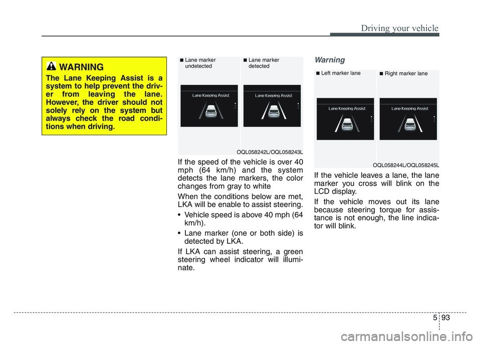 KIA SPORTAGE 2021  Owners Manual 5 93
Driving your vehicle
If the speed of the vehicle is over 40
mph (64 km/h) and the system
detects the lane markers, the color
changes from gray to white
When the conditions below are met,
LKA will