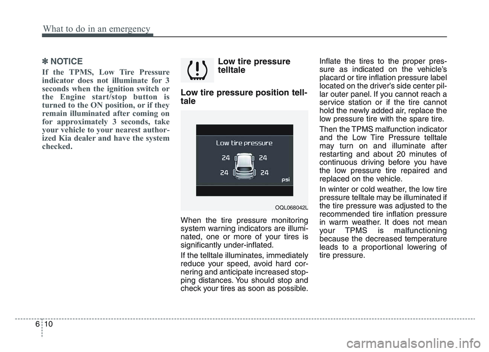 KIA SPORTAGE 2021 Owners Manual What to do in an emergency
106
✽NOTICE
If the TPMS, Low Tire Pressure
indicator does not illuminate for 3
seconds when the ignition switch or
the Engine start/stop button is
turned to the ON positio KIA SPORTAGE 2021 Owners Manual What to do in an emergency
106
✽NOTICE
If the TPMS, Low Tire Pressure
indicator does not illuminate for 3
seconds when the ignition switch or
the Engine start/stop button is
turned to the ON positio