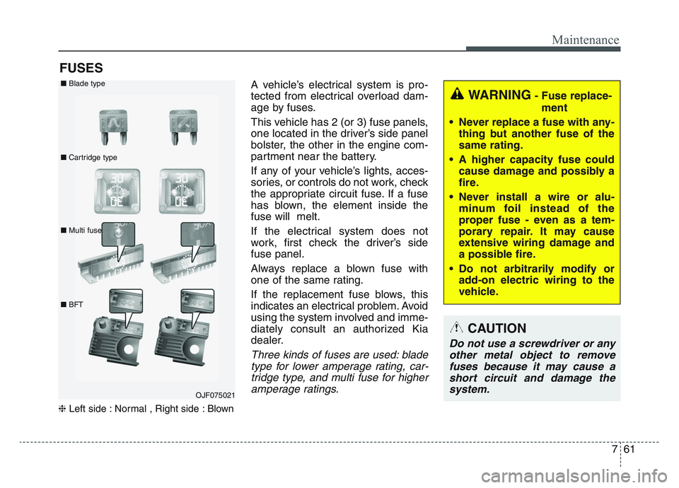 KIA SPORTAGE 2021 Owners Manual 7 61
Maintenance
FUSES
❈Left side : Normal , Right side : Blown
A vehicle’s electrical system is pro-
tected from electrical overload dam-
age by fuses.
This vehicle has 2 (or 3) fuse panels,
one KIA SPORTAGE 2021 Owners Manual 7 61
Maintenance
FUSES
❈Left side : Normal , Right side : Blown
A vehicle’s electrical system is pro-
tected from electrical overload dam-
age by fuses.
This vehicle has 2 (or 3) fuse panels,
one