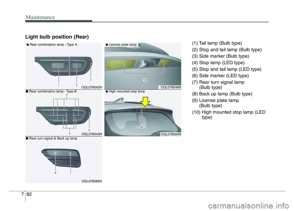 KIA SPORTAGE 2021 Owners Manual Maintenance
827
Light bulb position (Rear)
(1) Tail lamp (Bulb type)
(2) Stop and tail lamp (Bulb type)
(3) Side marker (Bulb type)
(4) Stop lamp (LED type)
(5) Stop and tail lamp (LED type)
(6) Side KIA SPORTAGE 2021 Owners Manual Maintenance
827
Light bulb position (Rear)
(1) Tail lamp (Bulb type)
(2) Stop and tail lamp (Bulb type)
(3) Side marker (Bulb type)
(4) Stop lamp (LED type)
(5) Stop and tail lamp (LED type)
(6) Side