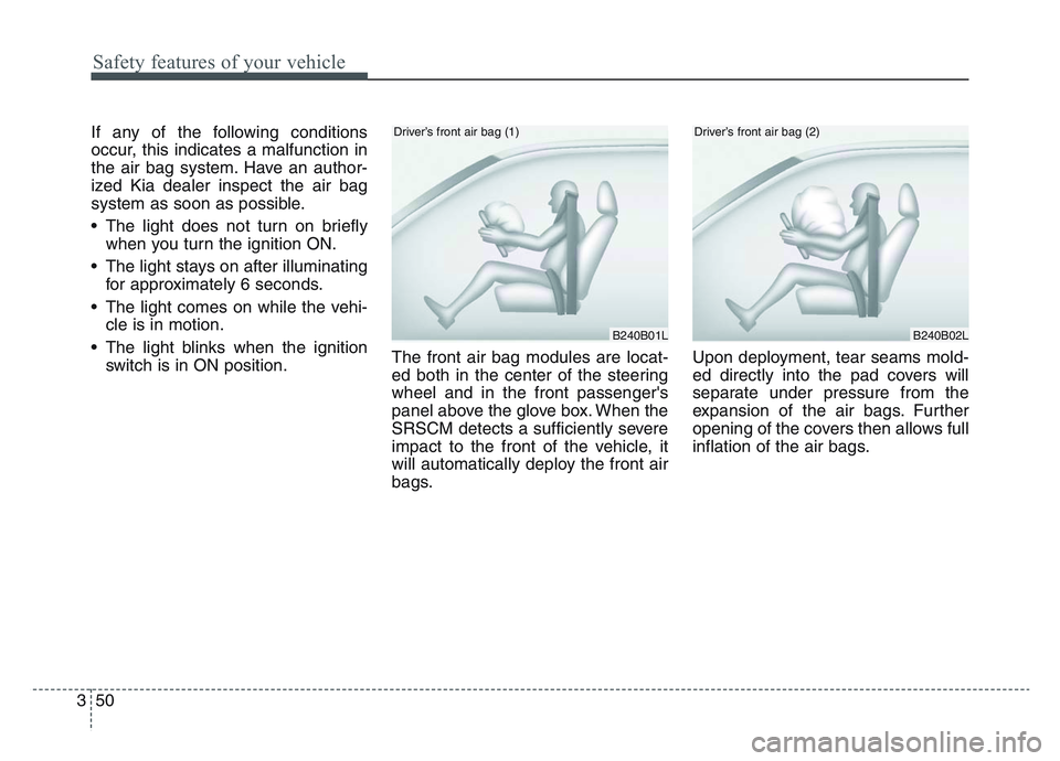 KIA SPORTAGE 2021  Owners Manual Safety features of your vehicle
503
If any of the following conditions
occur, this indicates a malfunction in
the air bag system. Have an author-
ized Kia dealer inspect the air bag
system as soon as 