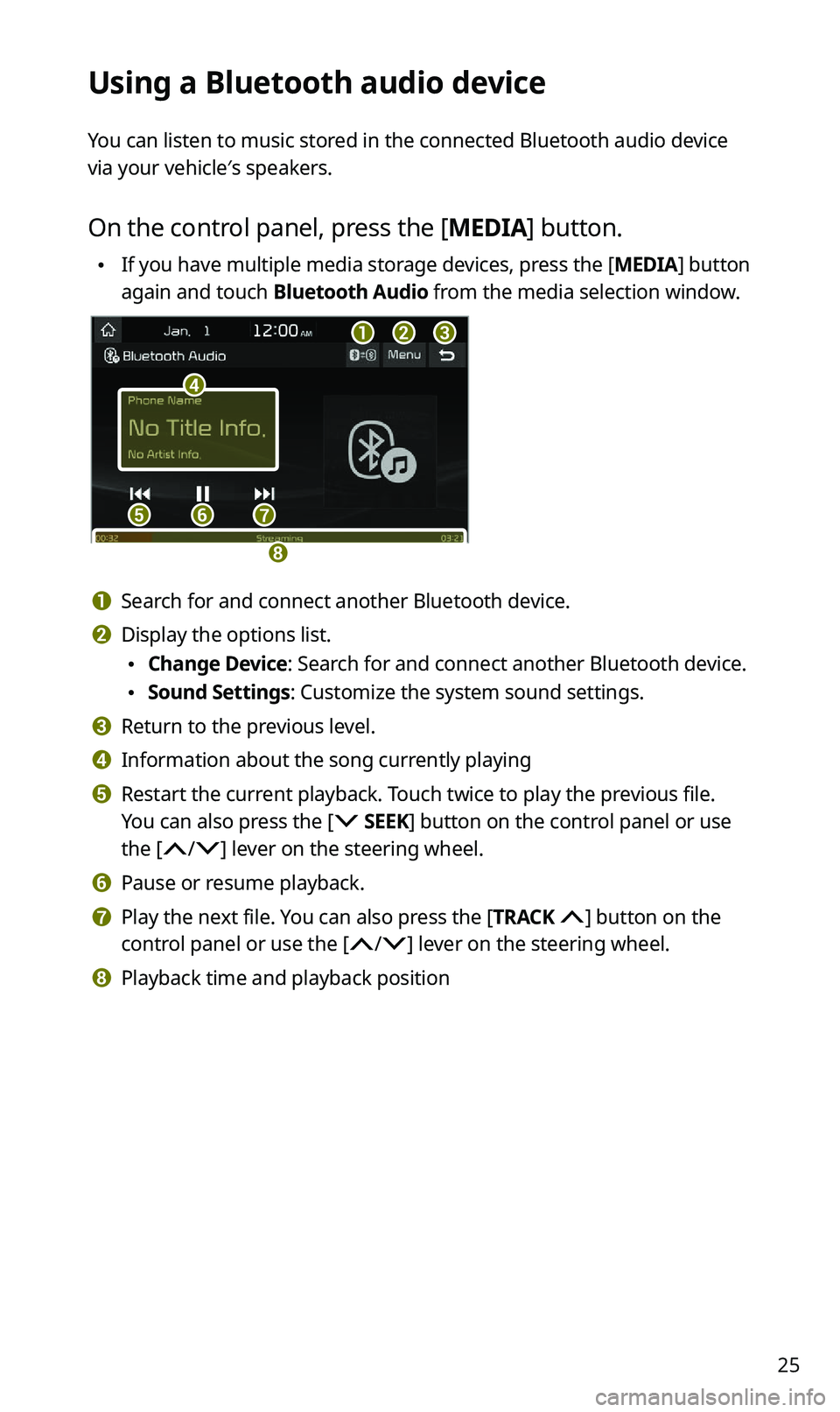 KIA SPORTAGE 2021  Quick Reference Guide 25
Using a Bluetooth audio device
You can listen to music stored in the connected Bluetooth audio device 
via your vehicle′s speakers.
On the control panel, press the [MEDIA] button.
 \225If you hav