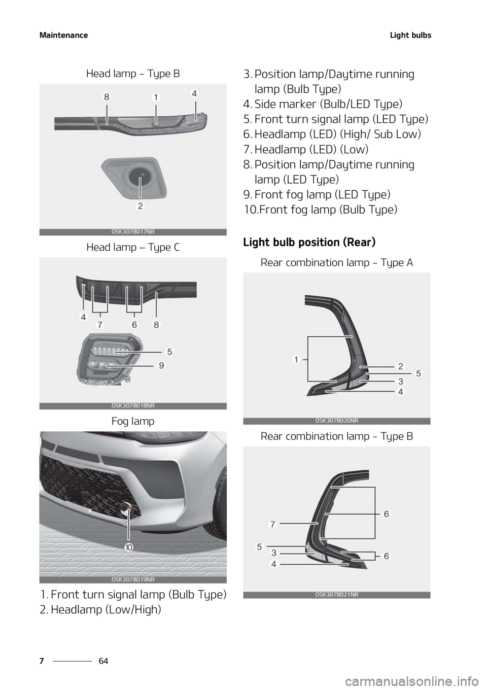 KIA SOUL 2021  Owners Manual �.�B�J�O�U�F�O�B�O�D�F
��
�
�-�J�H�I�U��C�V�M�C�T
�)�F�B�E��M�B�N�Q����5�Z�Q�F��#
�)�F�B�E��M�B�N�Q� LÍ��5�Z�Q�F��$
��P�H��M�B�N�Q
�� ��S�P�O�U��U�V�S�O��T�J�H�O�B�M��M�B�N�Q��	