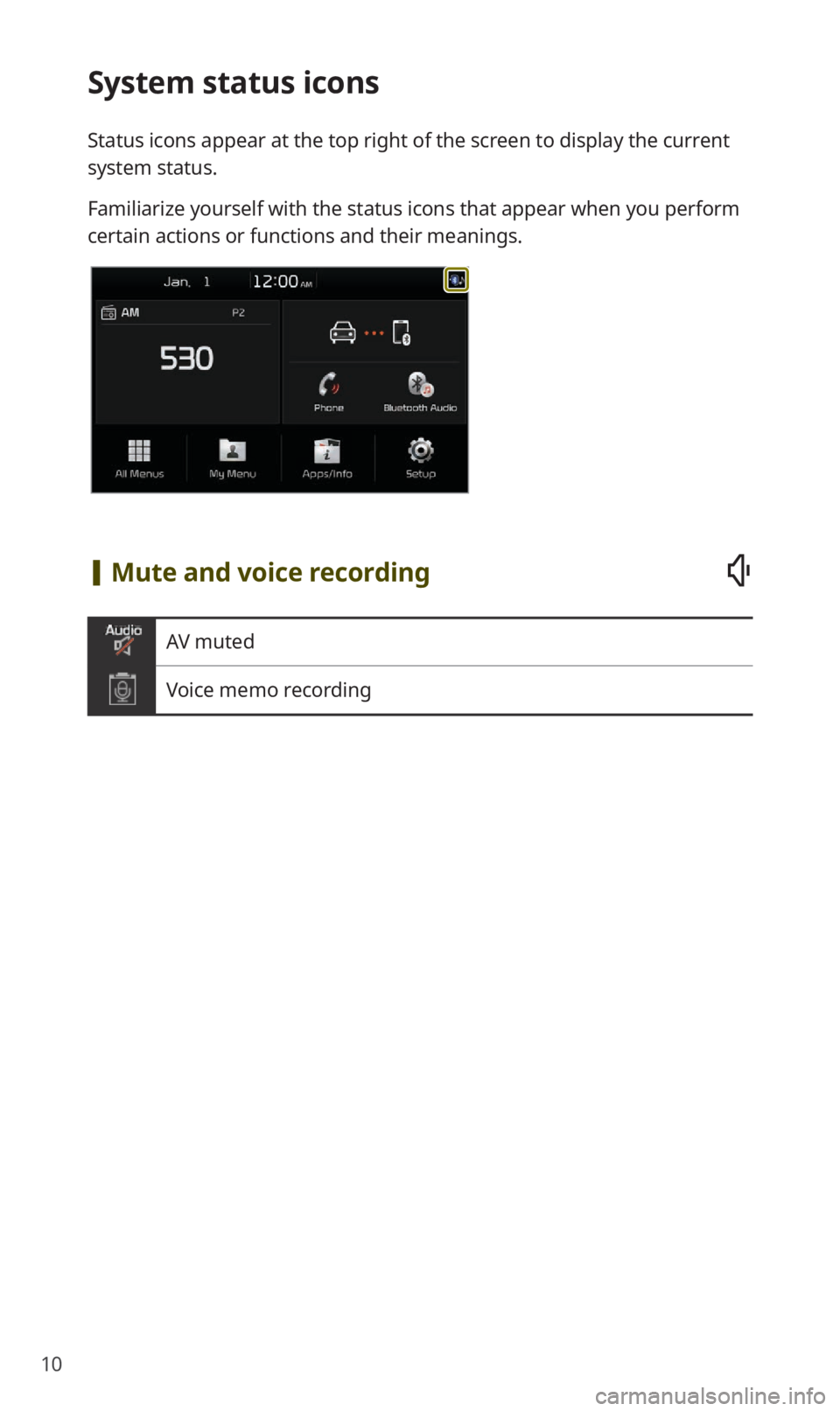 KIA SOUL 2021 Quick Reference Guide 10
System status icons
Status icons appear at the top right of the screen to display the current
system status.
Familiarize yourself with the status icons that appear when you perform
certain action KIA SOUL 2021 Quick Reference Guide 10
System status icons
Status icons appear at the top right of the screen to display the current
system status.
Familiarize yourself with the status icons that appear when you perform
certain action