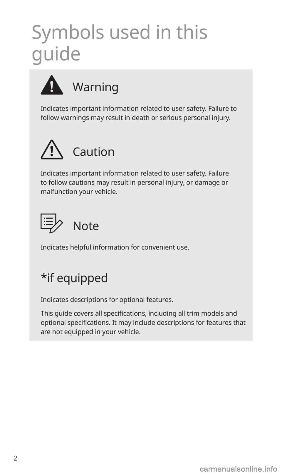 KIA SOUL 2021  Quick Reference Guide 2
Symbols used in this 
guide
Warning
Indicates important information related to user safety. Failure to 
follow warnings may result in death or serious personal injury.
Caution
Indicates important in