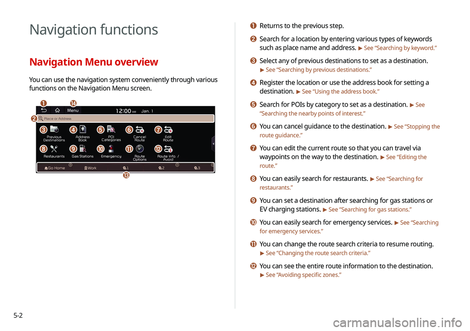 KIA SOUL 2021 Navigation System Quick Reference Guide 5-2
Navigation functions
Navigation Menu overview
You can use the navigation system conveniently through various
functions on the Navigation Menu screen.
\037\036
\035
\034
\033
\032\031\030\027
\026 KIA SOUL 2021 Navigation System Quick Reference Guide 5-2
Navigation functions
Navigation Menu overview
You can use the navigation system conveniently through various
functions on the Navigation Menu screen.
\037\036
\035
\034
\033
\032\031\030\027
\026