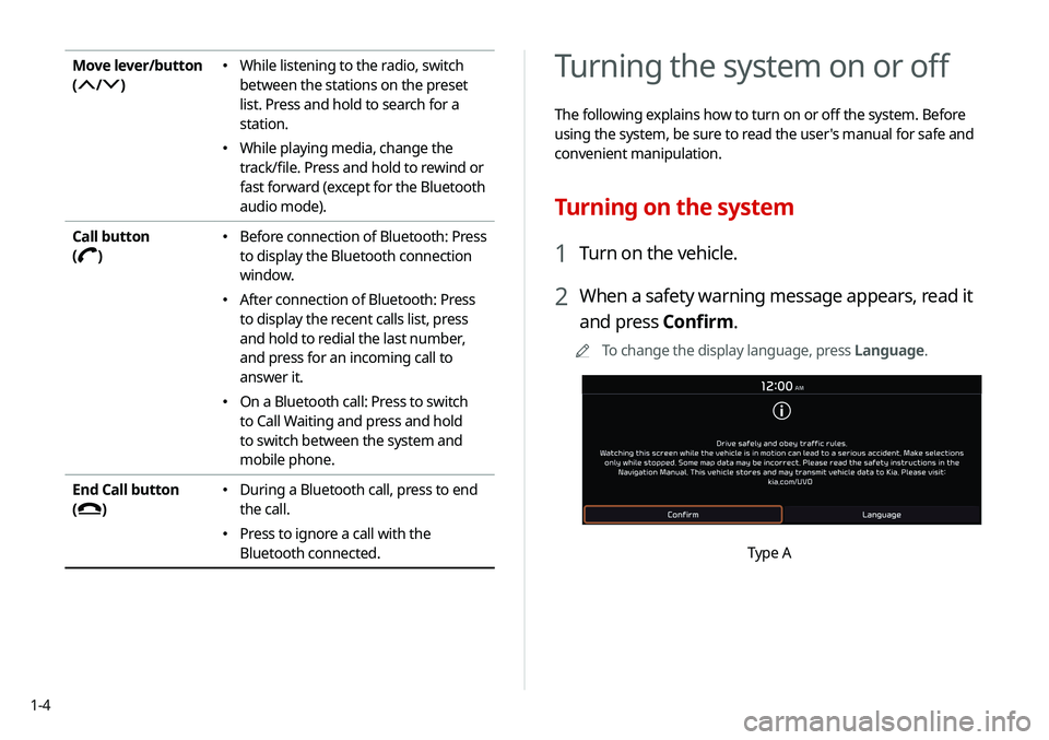 KIA SELTOS 2021  Navigation System Quick Reference Guide 1-4
Turning the system on or off
The following explains how to turn on or off the system. Before 
using the system, be sure to read the user's manual for safe and 
convenient manipulation.
Turning